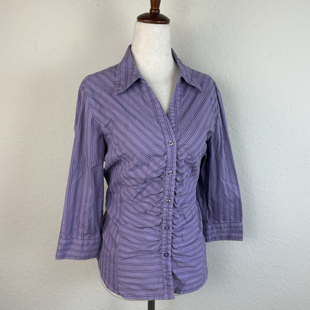 Y2k Vintage Petite 12 Office Siren Shirt Striped Purple Button Up Fairy Ruched